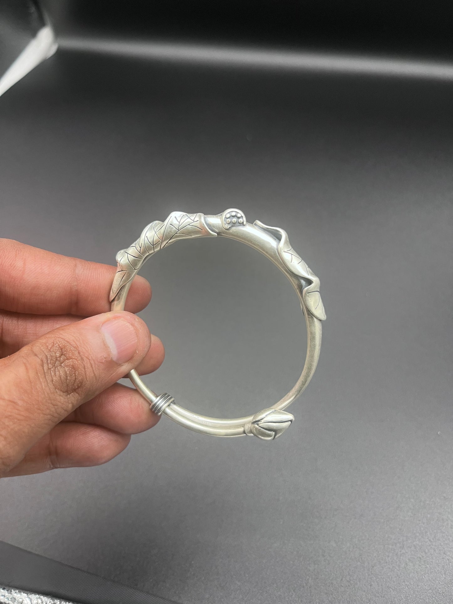 Handcrafted Silver Leaf Motif Bangle | Elegant Adjustable Design