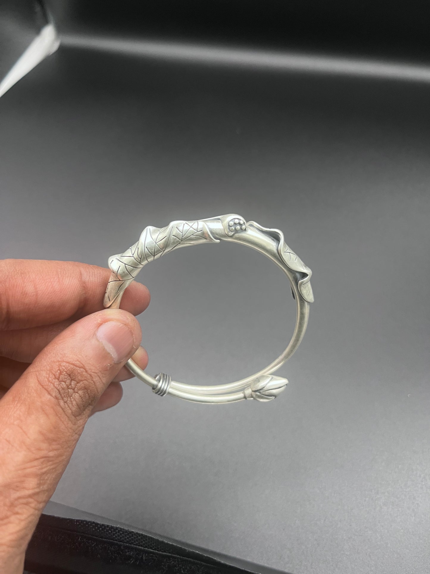 Handcrafted Silver Leaf Motif Bangle | Elegant Adjustable Design