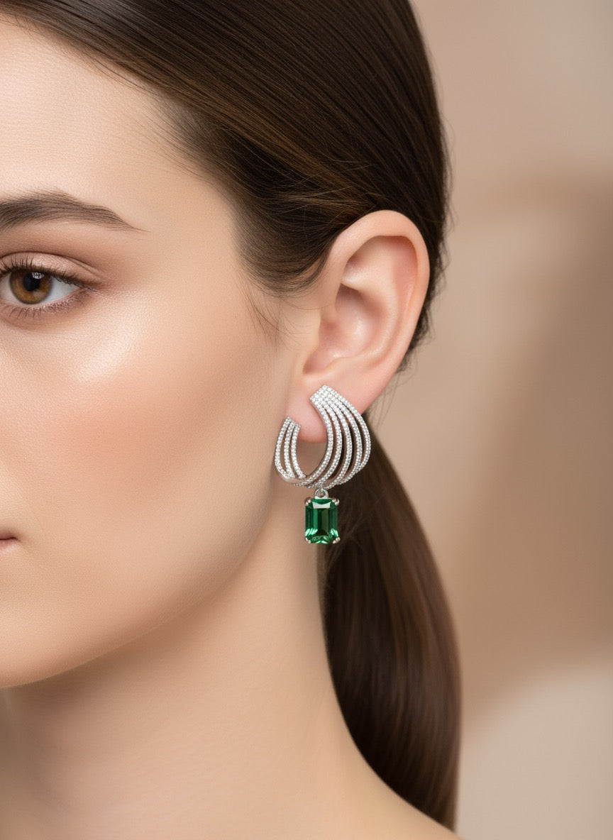 925 Sterling Silver Emerald Green Drop Earrings | Luxury Statement Silver Jewellery by Rasvi Jewels