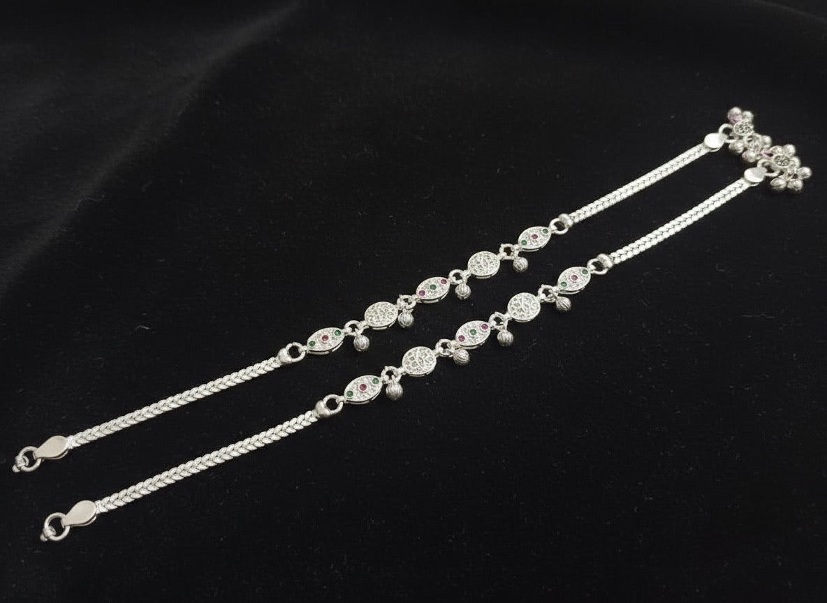 Elegant Silver Anklet with Green & Pink CZ Stones | Traditional Payal for Women | Rasvi Jewels