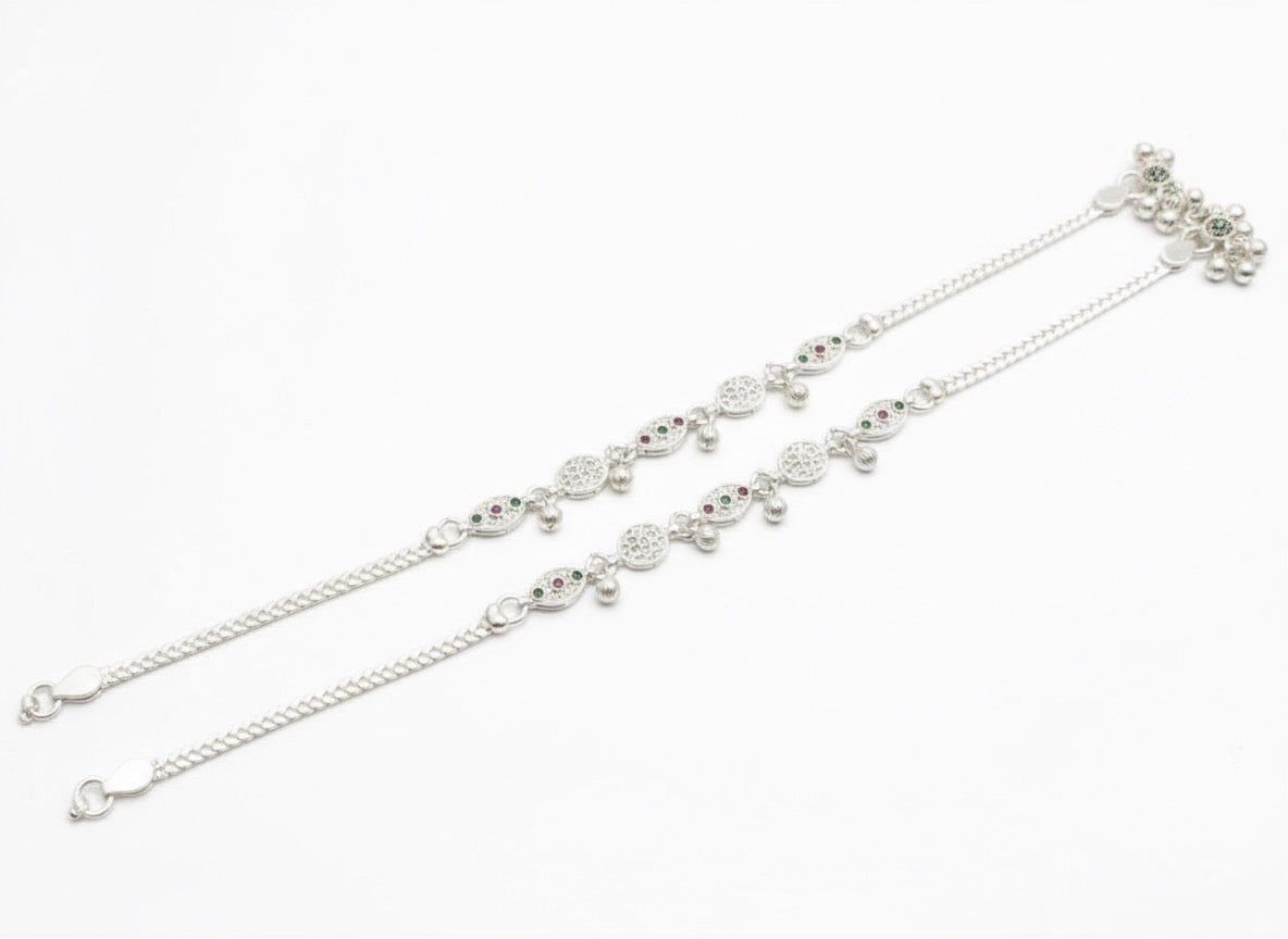 Elegant Silver Anklet with Green & Pink CZ Stones | Traditional Payal for Women | Rasvi Jewels