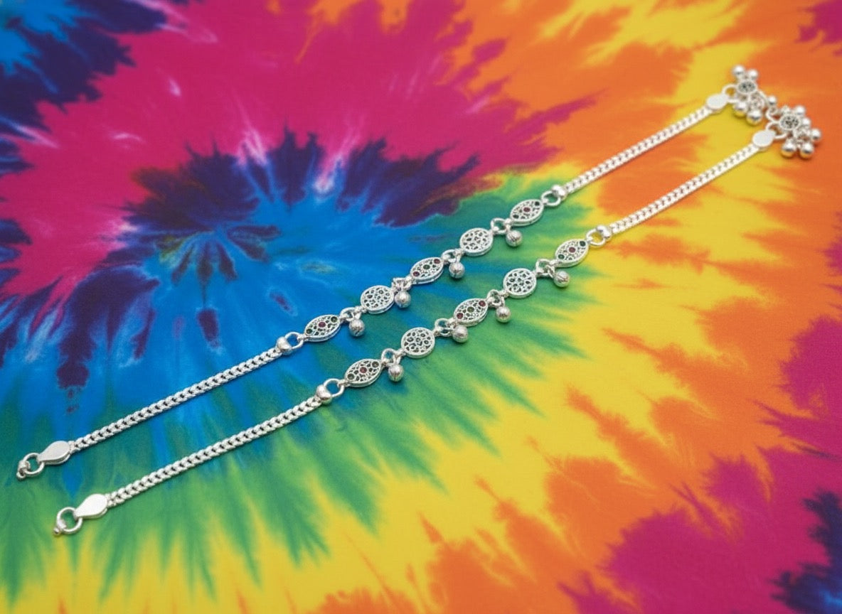 Elegant Silver Anklet with Green & Pink CZ Stones | Traditional Payal for Women | Rasvi Jewels