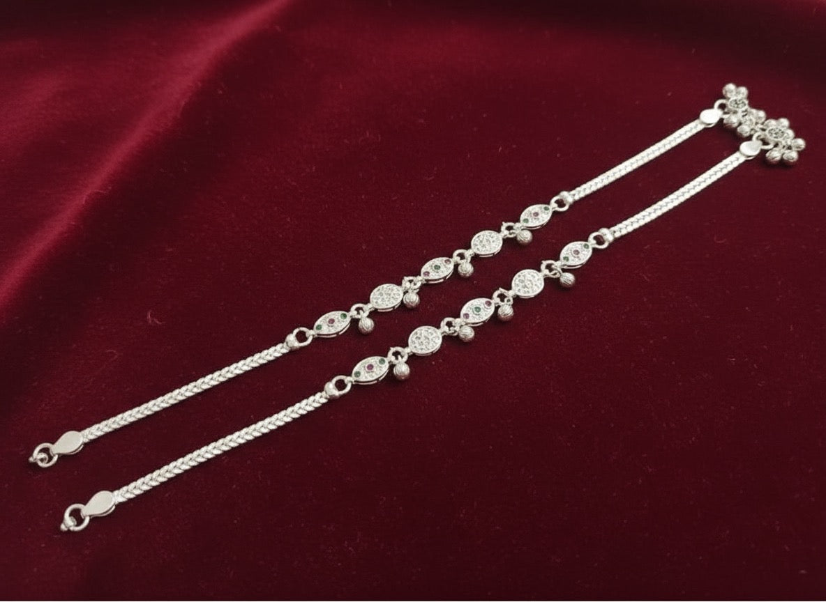 Elegant Silver Anklet with Green & Pink CZ Stones | Traditional Payal for Women | Rasvi Jewels