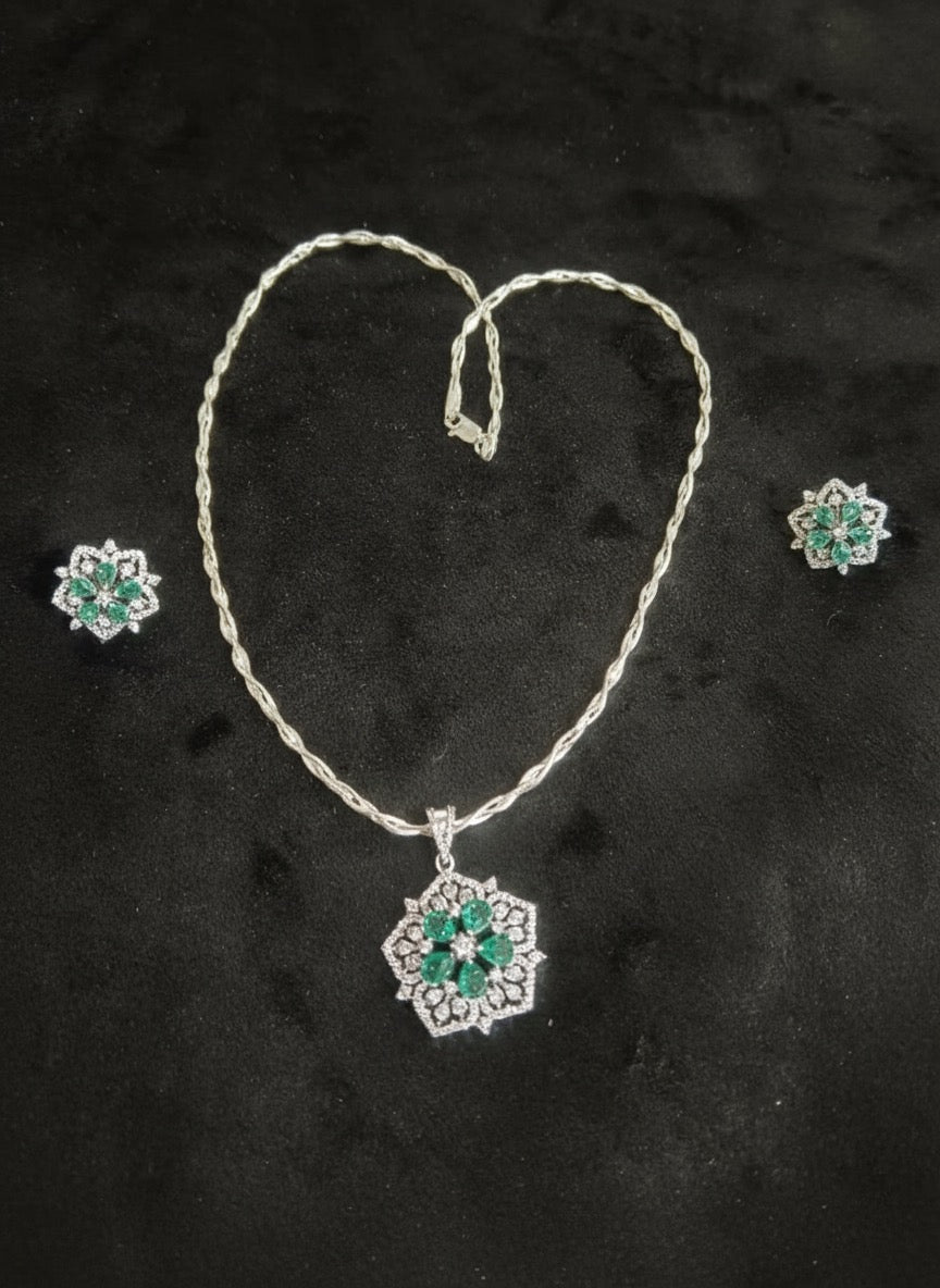 Elegant Silver Necklace & Earrings Set with Green Stone Detailing