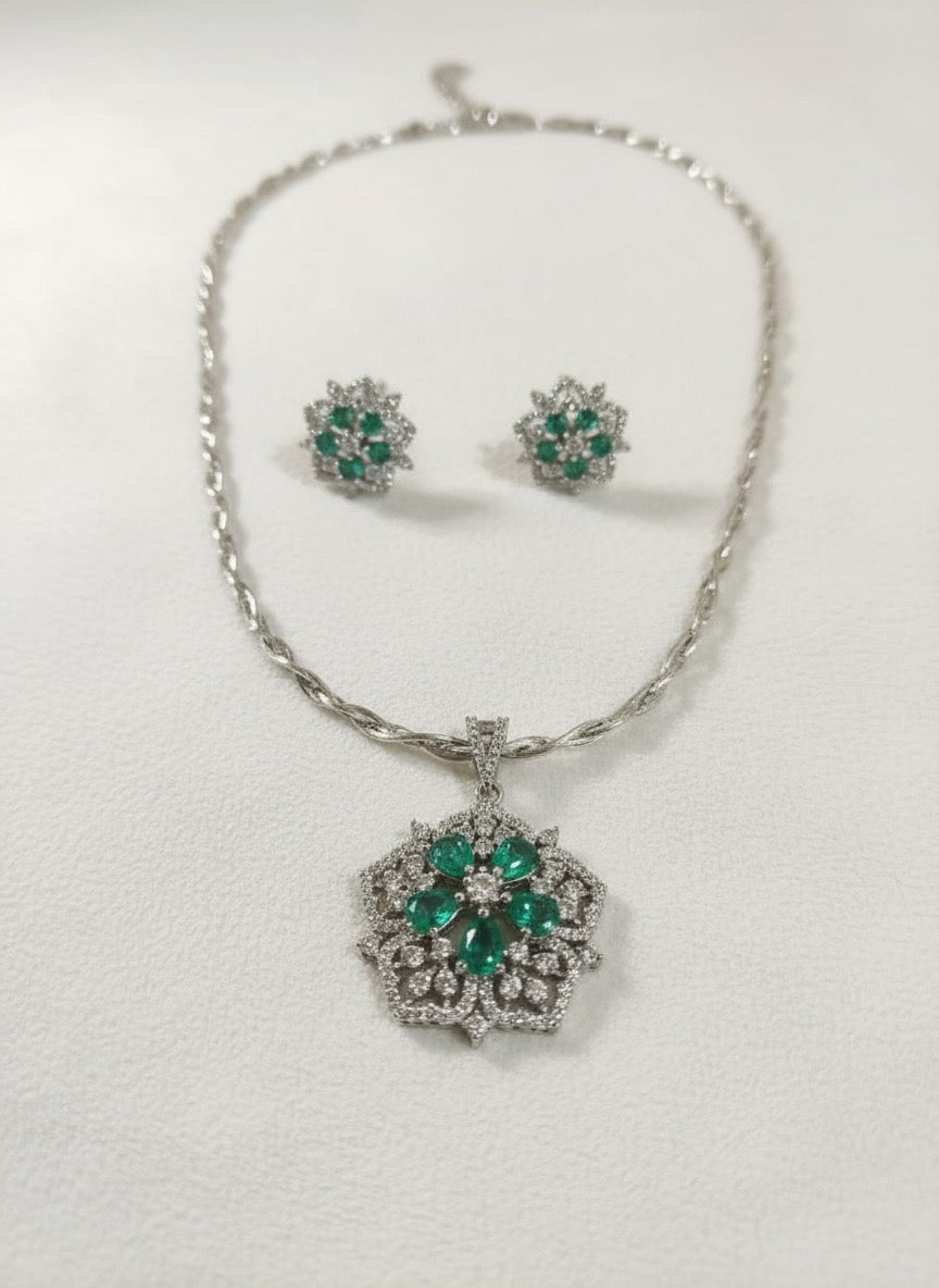 Elegant Silver Necklace & Earrings Set with Green Stone Detailing