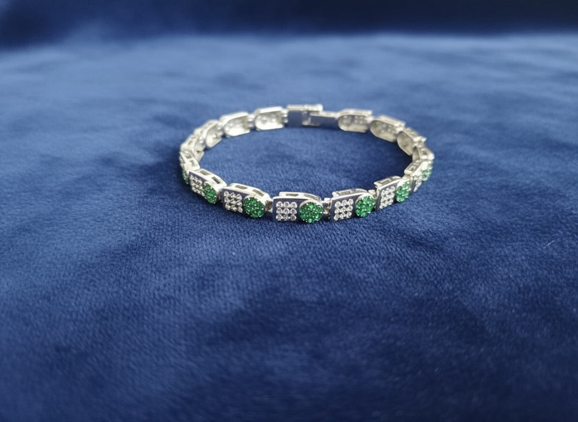 Elegant Silver Bracelet with Green & White Stones – Classy Minimal Design