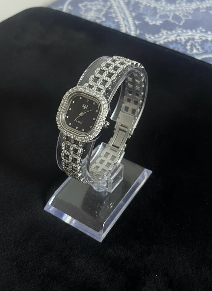 Elegant Silver Ladies Watch | Black Dial | Premium Chain-Link Design