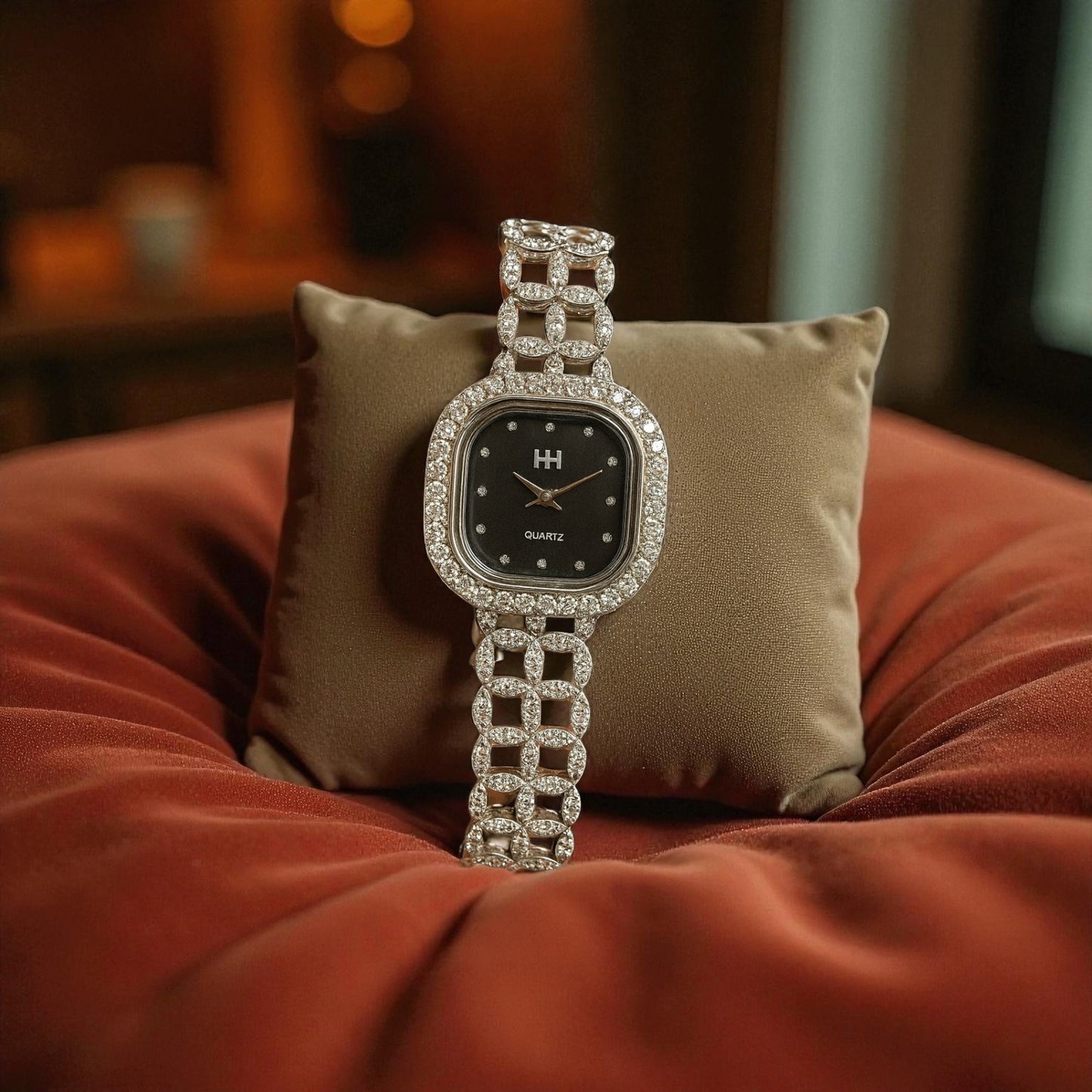 Elegant Silver Ladies Watch | Black Dial | Premium Chain-Link Design