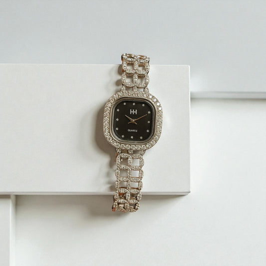 Elegant Silver Ladies Watch | Black Dial | Premium Chain-Link Design