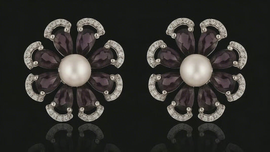925 Silver Pearl & Amethyst Floral Earrings